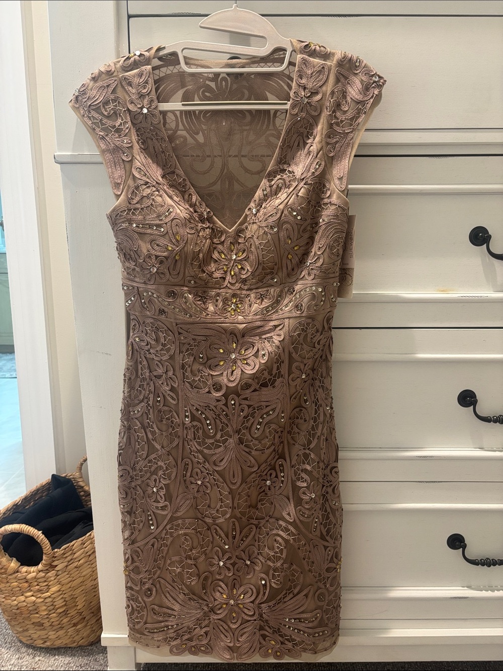 Sue Wong Taupe Embroidered Midi Dress with Bead Accents